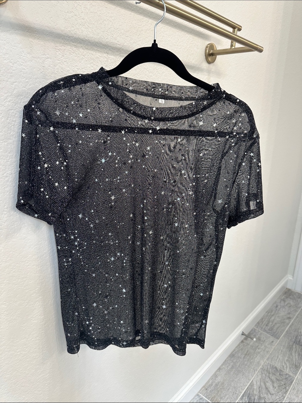 Black Sheer Star-Embellished Short Sleeve Tee